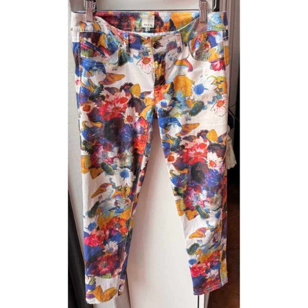 Ecru Floral Print Pants Artistic Multicolor Cropped‎ Jeans Size 2
